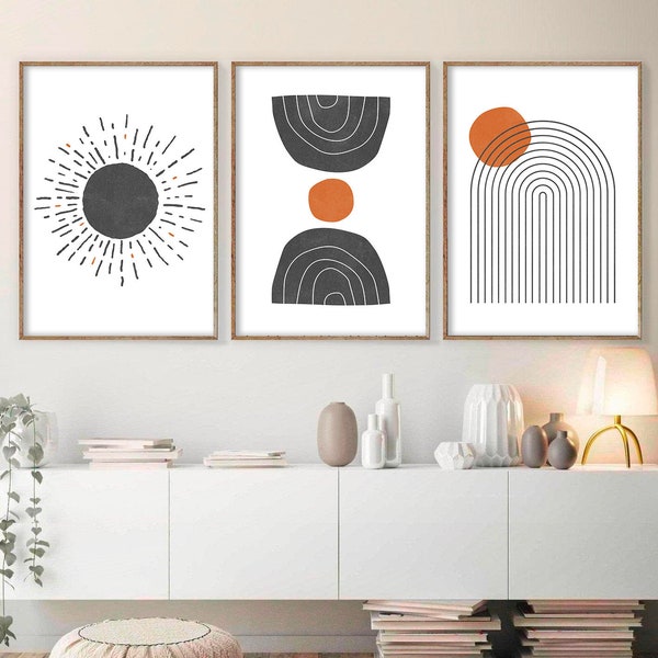 Printable Art, Mid Century Modern Art Set of 3 prints, Abstract Geometric print, Black and Orange Art, Modern Wall Art, Digital Art