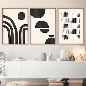 Abstract Geometric Print Set of 3 Prints Beige and Black Art Mid Century Modern Art Prints Modern Wall Art Decor Printable Digital Art