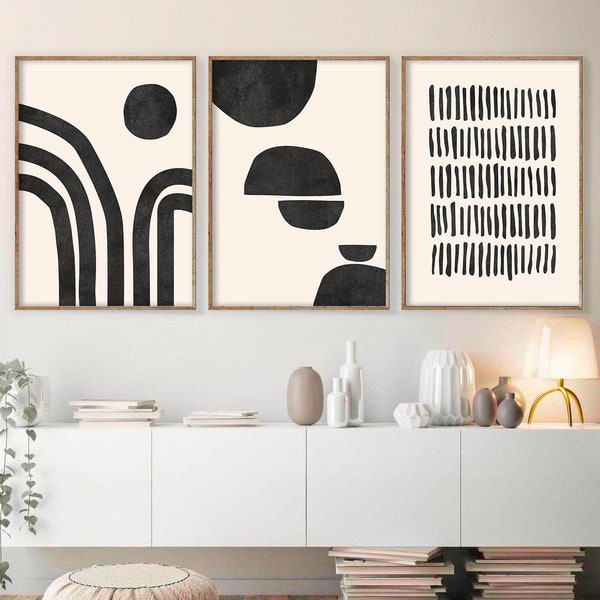 Abstract Geometric Print Set of 3 Prints Beige and Black Art Mid Century Modern Art Prints Modern Wall Art Decor Printable Digital Art