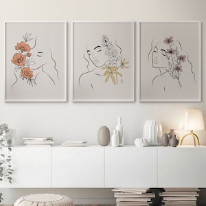 Skandinavisches Boho-Dekor Geschenk für Frauen, Blumen Line Art Printable Set von 3, Frauengesicht Linie Zeichnung Wand-Dekor, Neutrale Farben Art Print