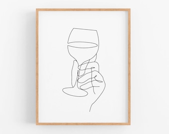 Wine Print Fine Line, Drinks, Cheers, Bar Cart Prints, Kitchen Art, Line Drawing, Printable, Minimal Print, Decor, Gallery Wall, Home Decor