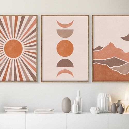 Sun And Moon Print Set Of 3 Scandinavian Art Mid Century Etsy
