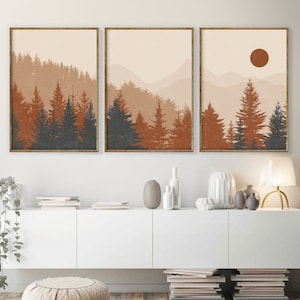 Gallery Wall Set of 3 Abstract Boho Wall Art, Botanical Print Set, Printable Gallery Wall Art, Burnt Orange Prints for Bedroom Wall Decor