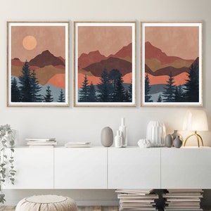 Sun Print Set of 3 Minimal Art, Terracotta Mountain Wall Art,  Mid Century Abstract Home Decor, Burnt Orange Sun Boho Printable wall art