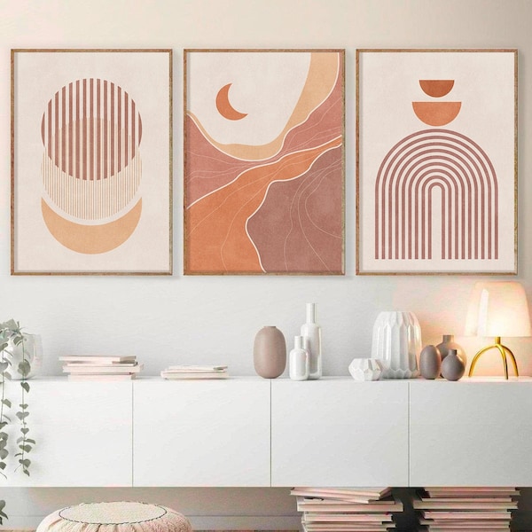 Halverwege de eeuw moderne print set van 3, Boho Home decor, abstract zonlandschap, digitale geometrische terracotta mauve afdrukbare minimale Wall Art