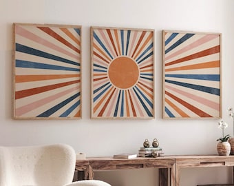 Sun Boho Wall Decor, Set of 3 Prints, Scandi Art, Mid Century, Pink, Beige, Blue, Terracotta, Boho Wall Art, Boho Abstract Wall Art Prints