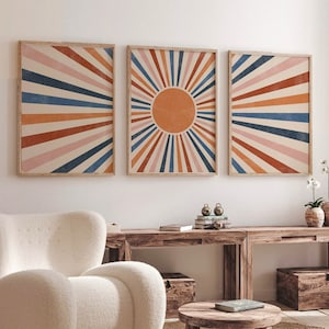 Sun Boho Wall Decor, Set of 3 Prints, Scandi Art, Mid Century, Pink, Beige, Blue, Terracotta, Boho Wall Art, Boho Abstract Wall Art Prints