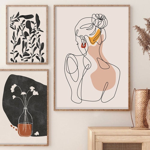 Gallery Wall Set Minimalist Art Print Set of 3 Female Body Vase Art Landscape Wall Decor Boho Woman Line Drawing