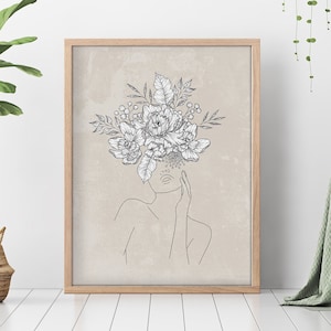 Abstract Woman Print Line Art, Female face print, Earth tones print Fine art prints Printable wall art, Drawing of woman Woman face wall art