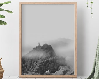 Black and White Mountain Minimalist Photography Print Printable wall art digital files with instant download Foggy mountain