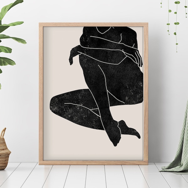 Woman Figure Print, Boho Abstract Digital Art, black woodblock print, Minimal Woman Art, Nude Female Body Wall Art, Neutral Printable art