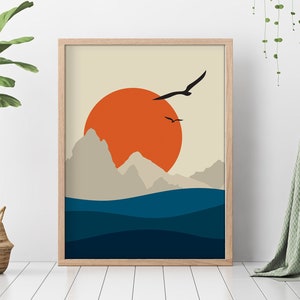 Sunset Ocean Wall Art Sea Prints Orange Sun Geometric Landscape Printable Wall Art,Poster,Home Decor,Modern,Digital Download