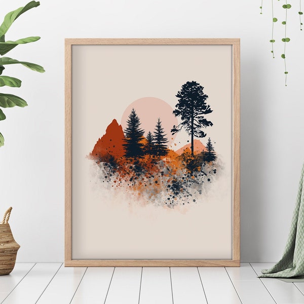 Burnt Orange mountain wall art prints, watercolor, poster, nature print, landscape print, home wall decor, forest art, mountain print