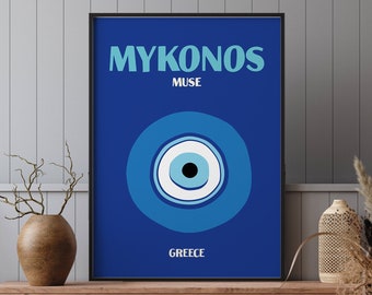 Mykonos Muse Print, Travel Poster, Preppy Room Decor, Evil Eye Digital Print, Greece Print, Maximalist Decor, Retro Printable Art Poster