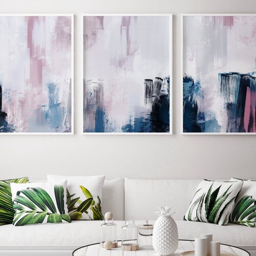 Pink & Navy Blue Triptych Wall Art Set of 3 Prints Digital Etsy