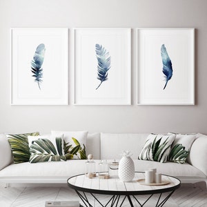 Blue Watercolor Feathers prints, living room decor, above sofa, painted, set of 3, duck egg blue, wall prints, wall art, home, house