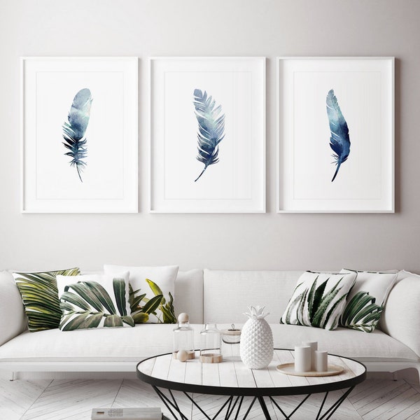 Blue Watercolor Feathers prints, living room decor, above sofa, painted, set of 3, duck egg blue, wall prints, wall art, home, house