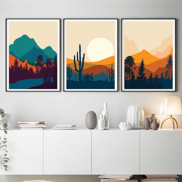 Mid century modern art print set of 3 landscape, Sun mountain Art print nature modern decor set of 3 prints scandinavian wall art, printable