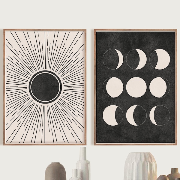 Sun and Moon Phases Print Set of 2,Black Beige Printable Mid Century Modern Art,  Digital download, Boho Prints Home Decor Minimal Wall Art