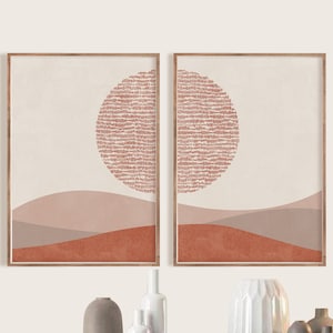 Mid century modern art set, Sunset Sea Prints, Ocean, Geometric Printable Wall Art Orange Sun Sunrise Poster Home Decor Waves Illustration