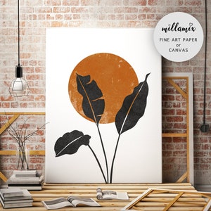 Digital Art, Mid Century Modern Art Decor, Burnt Orange Wall Art Printable Moon Wall Art, Black and Orange Art Sun Leaf Art Print Wall Decor