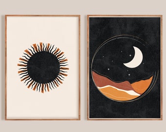 Mid Century Modern Art Print Set of 2, Neutral Geometric Wall Art, Moon, Sun Digital download, Abstract Gallery Terracotta Art