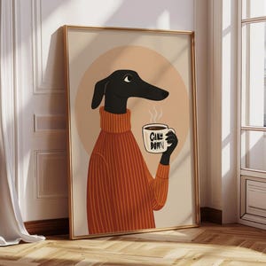 Mid Century Greyhound Coffee Art Print: Whimsical Dog in Sweater