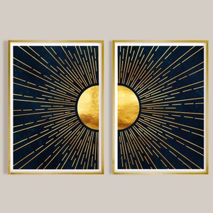 Sun Print Set, abstrakte Landschaft, Wandkunst, digitaler Download, Gold Sonne Mid Century moderne Kunst, minimales Design, Galerie Wandkunst, Raumdekor