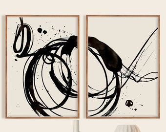 Abstract Art Print Set, Set of 2 Prints, Black and Beige Printable Abstract, instant download, Minimal art Printable wall art