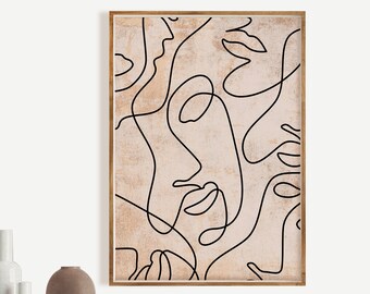 Beige Abstract Face Line Art Print: Minimalist Woman Portrait (digital ...