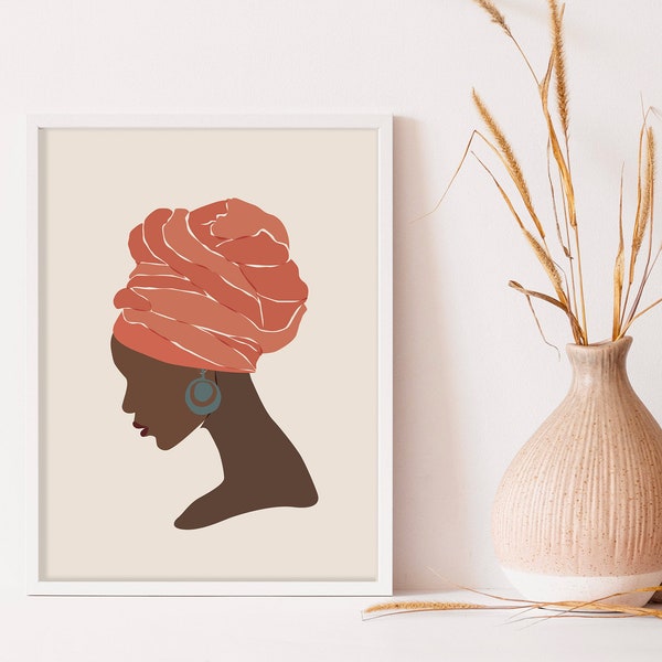 Boho Girl Wall Print | Terracotta Color Artwork Hair Wrap Woman Art Print | Woman Wearing Head Scarf Poster Boho Wall Art Digital Print