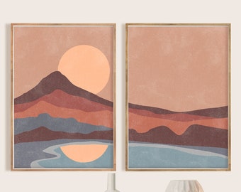 Mid Century Modern Minimal Wall Art, Sun Print Set of 2, Terracotta Printable Digital download, Boho Prints Abstract Landscape
