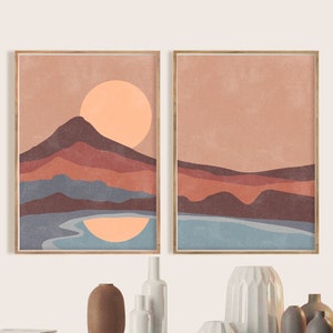 Mid Century Modern Minimal Wall Art, Sun Print Set of 2, Terracotta Printable Digital download, Boho Prints Abstract Landscape