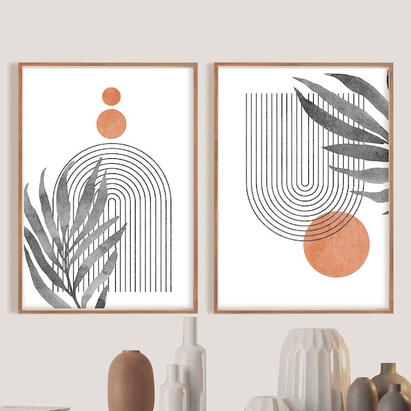 Mid Century Modern Art Print Set de 2, Abstract Geometric Digital download Prints, Grey Black and White Minimal Gallery Art, arte de mediados de siglo