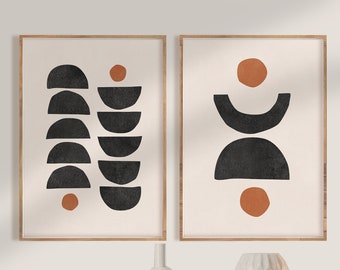 Mid Century Modern Wall Art Print Set of 2, Neutral Abstract Geometric Digital download Prints, Black Cream Orange Minimal Gallery Art