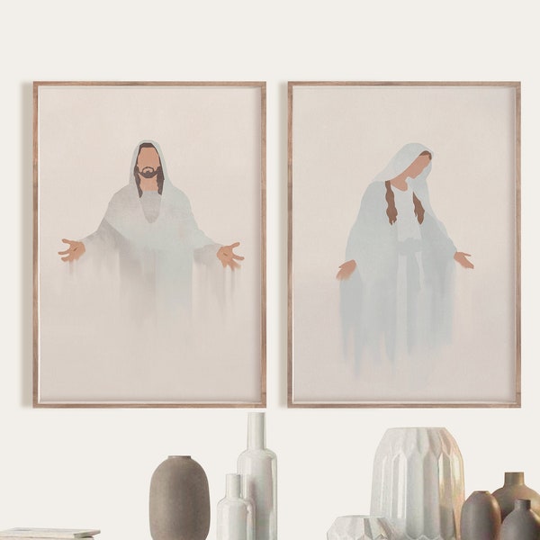 Jesus Picture, Digital Download, LDS Art, Mid century modern art set of 2 prints Lady Guadalupe Mary Virgin of Guadalupe