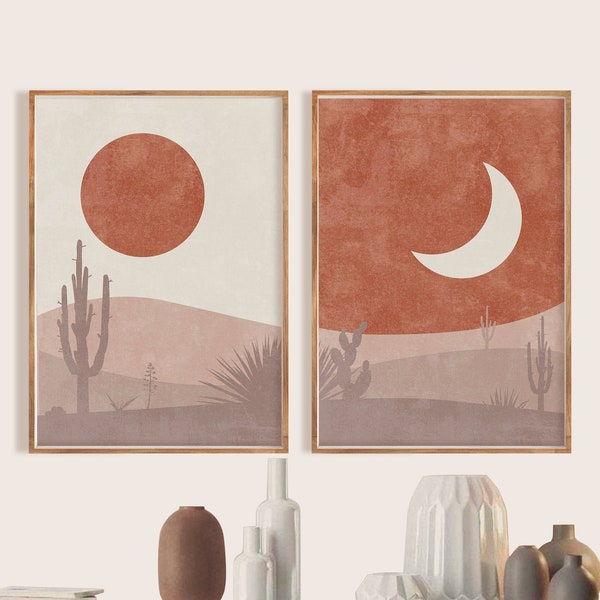 Sun Moon Boho Art, Mid Century Abstract Art Cactus Minimalist Wall Art Set de 2 Sun And Moon Wall Art Boho Wall Art Digital Modern Art Print