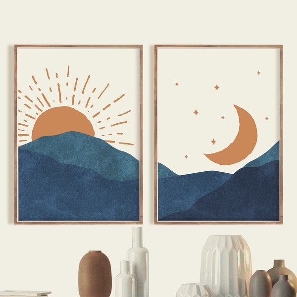 Sonne und Mond Wandkunst | Abstrakte Landschaft | Boho Sonne und Mond Druck 2er Set | Sonne und Mond Druck | Mid Century Modern Art | Boho