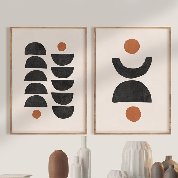 Mid Century Modern Wall Art Print Set of 2, Neutral Abstract Geometric Digital download Prints, Black Cream Orange Minimal Gallery Art
