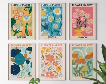 Flower Market Set of 6 Prints, Botanical Poster, Flower Market Wall Set, Botanical Wall Art, Flower Market Poster, Digital Art Print Set