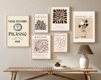 Exhibition Poster Set of 6, Minimal Decor Neutral Wall Art Matisse and Picasso Art Print, Abstract Gallery Wall Set, Printable Wall Art