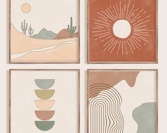 Gallery Wall Set of 4 Abstract Boho Wall Art, Botanical Print Set, Burnt Orange Prints for Bedroom Wall DecorPrintable Gallery Wall Art