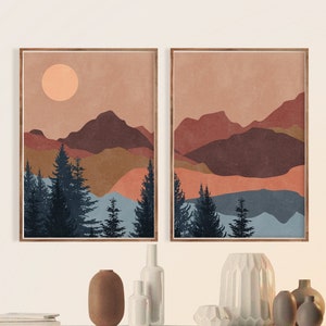 Terracotta Sun Mountain wall art Print Set of 2, Mid CentryAbstract Sun, Mountain, Minimal wall art, Boho decor Line Sunset Digital Art