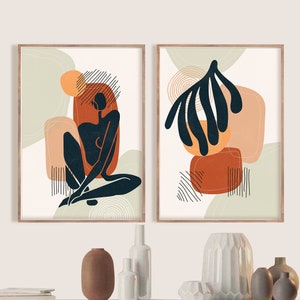 Wand Dekor Wohnzimmer Mid Century Modern 2er-Set Drucke, Minimalistische Wandkunst Set, Druckbare Schlafzimmer Dekor Über dem Bett