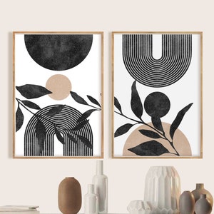 Mid Century Modern Black White Beige Minimal Gallery Art Wall Art Print Set of 2, Neutral Abstract Geometric Digital Download Prints