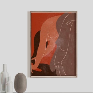 Terracotta Boho Portrait, Minimal Modern Original Wall Art, Hair Wash Woman Art Print, Earthy Burnt Orange Female Digital download, Bohemian