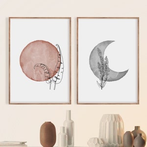 Boho Sun and Moon Print Set of 2, Terracotta Abstract Sun, Minimal wall art, Boho decor, Sunset Digital Art Botanical  Line Print
