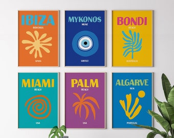 Gallery Wall Set, Travel Art Prints Set of 6, Minimalist Decor, Colorful Wall Art, Dorm Decor, Apartment Decor Bundel, Miami, Ibiza, Palm