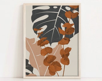 Eucalyptus abstract Mid century Modern wall art - Large botanical wall prints -  Leaves minimalist art