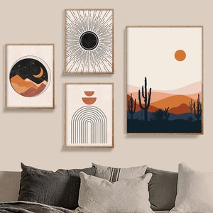 Mid century Modern Art Set of 4 Prints, Printable Geometric Art, Boho Art, Abstract Art Set, Rainbow, Shapes, Terracotta and Black Print